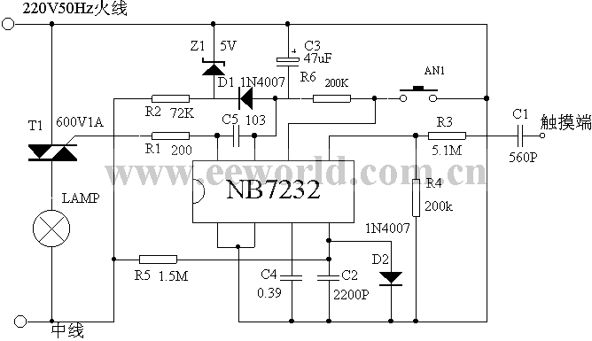 双向可控硅scr可根据负载功率大小选择97a6(约1a),tlc336a(约3a),bt