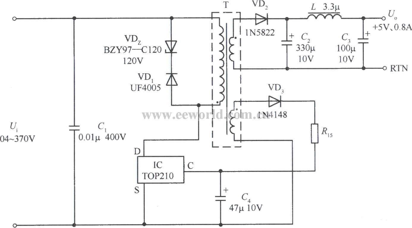 单片top210构成的 5v,4w开关电源电路