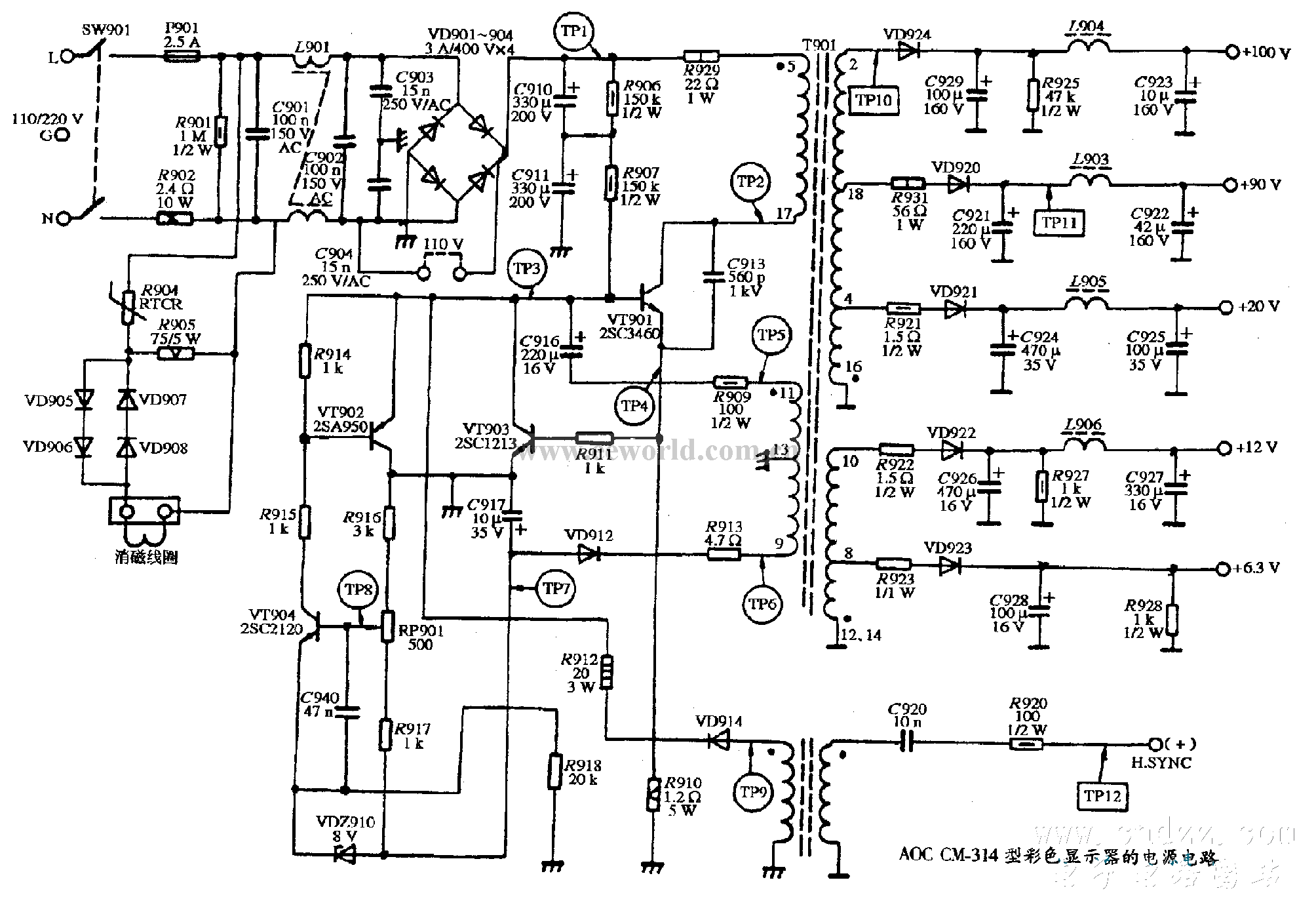 aoccm314型彩色显示器的电源电路图